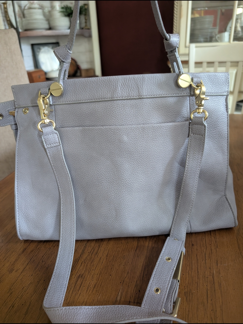 Women's Light Gray Leather Shoulder Bag with Gold Hardware